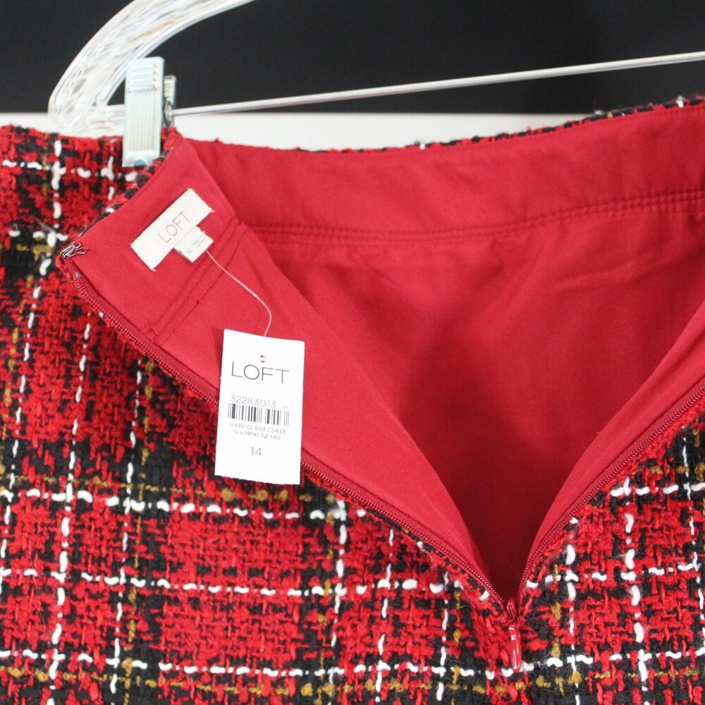 LOFT Red Plaid Tweed Mini Skirt NWT Size 14 - Picture 4 of 5